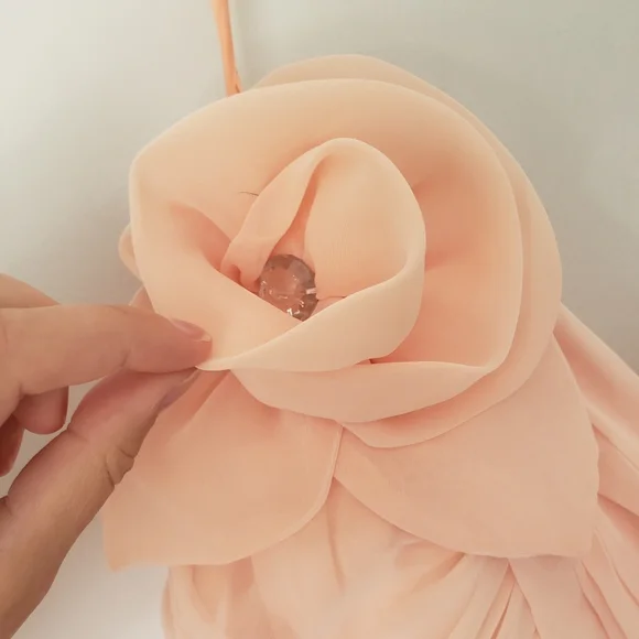 Vintage 80s Pink Pleated Ruched Formal High Low Midi Dress with Rose Detail - Picture 11 of 16